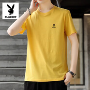 花花公子（PLAYBOY）新款夏季純棉短袖t恤男百搭純色上衣圓領(lǐng)寬松套頭體恤潮流打底衫 DX黃色 L （建議100-120斤）
