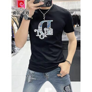 皮爾卡丹男士歐版燙鉆冰絲短袖T恤夏季新款韓版圓領(lǐng)修身潮流體恤半袖上衣 旗艦官方-181黑色-國際品牌 XL 135-150斤-國際品牌