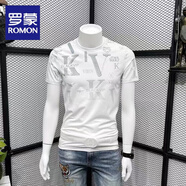 羅蒙（ROMON）2025新款絲光棉短袖T恤男夏季潮流時(shí)尚印花字母V修身圓領(lǐng)半袖上衣 白色【型男】 L 【100-115斤】