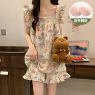 SONDR甜美風(fēng)花朵吊帶睡衣女款夏季帶胸墊一體縐布2025新款夏天家居服 ME-4119-1-胸墊小飛袖套-黃綠紫 2XL 【推薦135-150e
