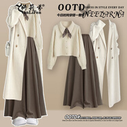 妍莉芬（yanlifen）miu里miu氣韓系大衣連衣裙女2025年秋冬季穿搭一整套止步裙子套裝 杏白毛衣+咖色褲裙+米白外套【一 L