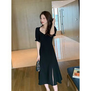 焱思泰胖m雪紡黑色連衣裙子女夏長(cháng)款2025大碼女裝韓版氣質(zhì)收腰仙女裙潮 黑色 M 建議80-105斤