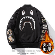 安初夏情侶鯊魚外套男春秋款潮牌印花棒球服寬松bf休閑飛行員夾克女學(xué)生 黑色【加厚款】 XL