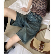 贏鎮(zhèn)復(fù)古水洗直筒牛仔短褲女腰顯瘦寬松做舊中褲夏季薄款闊腿五分褲 藍(lán)色 XS