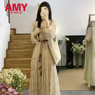 愛麥依大碼女裝春季新款法式雪紡顯瘦連衣裙女胖MM收腰蛋糕裙長(zhǎng)袖裙子 香檳杏長(zhǎng)袖+無 腰帶 L (建議105-115斤) 大碼