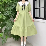 景怡依2025夏季新款學(xué)生大童學(xué)院風(fēng)短袖連衣裙女生寬松棉質(zhì)娃娃領(lǐng)長(cháng)裙子 淺綠色 S