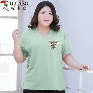 啄木鳥(niǎo)300斤加肥加大碼女裝基礎款正肩短袖T恤女夏季顯瘦打底衫氣質(zhì)上衣 V領(lǐng)短袖/購物車(chē)熊/薄荷青/小標 5XL (適合170-190斤)