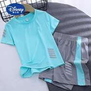 迪士尼（Disney）品牌夏裝童裝男童兒童套裝夏季速干短袖t恤運動(dòng)短褲女童網(wǎng)眼冰絲 清新色 納米拼色套裝 150 cm