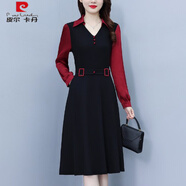 皮爾卡丹（pierre cardin）中年媽媽撞色拼接假兩件v領(lǐng)連衣裙女春季高端氣質(zhì)收腰a字連身裙子 黑色 XL 【建議105-120斤】