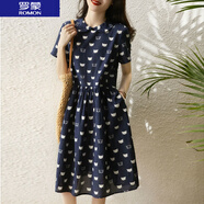羅蒙（ROMON）連衣裙女2025夏季薄款時尚百搭寬松顯瘦氣質(zhì)顯瘦收腰法式通勤裙子 星光藍 【8562#】 L 100-120斤