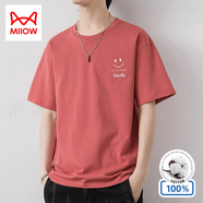 貓人（MiiOW）男士純棉短袖T恤夏季薄款潮牌圓領(lǐng)笑臉印花男裝衣服冰絲體恤 秀紅 4XL
