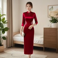 鴻韻繡旗袍春秋時(shí)尚修身顯瘦紅色旗袍夏季新款喜媽媽高端婚禮服敬酒服女 酒紅色長款7分袖 M