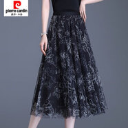 皮爾卡丹（pierre cardin）百褶裙中長(cháng)款顯瘦紗裙韓版網(wǎng)紗印花半身裙夏季新款松緊高腰 黑色 減齡小清新 建議115-125斤 XL