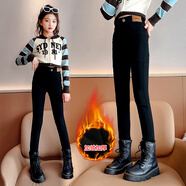 溜溜蛙女童褲子牛仔褲加絨秋冬季緊身褲小腳褲休閑兒童褲加厚保暖鉛筆褲 腰標黑色春秋款（加絨） 130