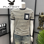 花花公子（PLAYBOY）貼布t恤男潮牌條紋短袖夏季痞帥半袖新款網(wǎng)紅半截袖體恤 灰色 XL 125-140斤