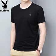 花花公子（PLAYBOY）夏季短袖T恤男中青年上衣圓領(lǐng)絲光棉休閑潮流薄款體桖衫男士 黑色 HY8108圓領(lǐng)短袖 M 165建議100-115斤左右