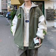 普戈斯（PUGESI）棒球服男外套春秋季胖子加大碼新款潮流寬松百搭拼色圓領(lǐng)夾克 J815綠色 常規(guī) 連帽款 L