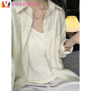VOYDOVE藍色長袖防曬襯衫女外套春夏薄款顯瘦寬松休閑polo領亞麻襯衣 杏色襯衫 M 100-115斤