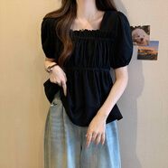 憶思減大碼方領(lǐng)短袖T恤衫女夏季新款胖mm寬松顯瘦松緊簡約百搭黑色上衣 黑色 4XL 【建議158-168斤】