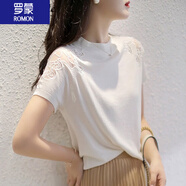 羅蒙（ROMON）女裝短袖T恤女2024夏季新款休閑鏤空網(wǎng)紗刺繡冰絲圓領(lǐng)針織T恤上衣 白色 S 80-100斤