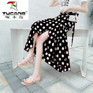 啄木鳥(niǎo)（TUCANO）大波點(diǎn)紅色半身裙女2025春夏新款一片式裹裙碎花A字裙雪紡長(zhǎng)裙子 大黑波點(diǎn) 均碼