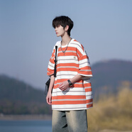 主意范（ZHUYIFAN）重磅260克條紋半短袖T恤男加肥大碼潮流胖子寬松新款夏裝港風(fēng)T恤 橘色 M