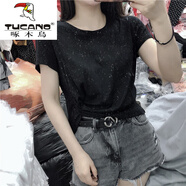 啄木鳥(niǎo)（TUCANO）棉t恤女2025新款夏白色短袖T恤女短款修身小眾高腰搭配牛仔 黑色_024# S