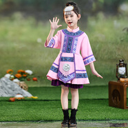 潔萍雅六一少數民族服裝兒童哈尼族苗族演出服瑤族佤族彝族舞蹈表演服飾 粉色連衣裙+小頭飾 此款尺碼偏小 160