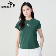 哥弟（GIRDEAR）女裝2025春夏新款綻放系列玫瑰花圖案純棉薄款短袖T恤女1300996 墨綠 M (3碼)