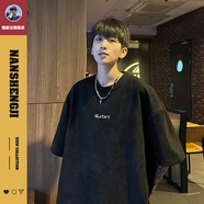 楠笙記中袖t恤男夏天美式復古高街重磅青少年學(xué)生寬松潮流五分短袖體恤 黑色 L