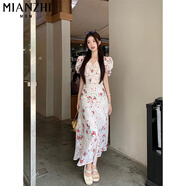 棉致茶歇法式蕾絲拼接短袖連衣裙女夏季新款溫柔風顯瘦A字包臀裙長裙 碎花裙 L 100-115斤
