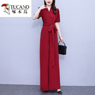 啄木鳥(niǎo)別致感闊腿連體褲套裝女夏2025新款氣質(zhì)女神范顯瘦連身連衣褲 紅色 M 建議95-104斤