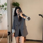 源夫人質(zhì)感西裝外套女小個(gè)子2025春新款韓版寬松休閑小眾蕾絲拼接西服 灰色 S 85-105斤