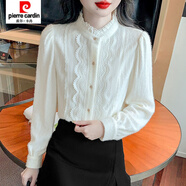 皮爾卡丹（pierre cardin）法式蕾絲衫女秋冬款新款立領(lǐng)純色氣質(zhì)襯衣蕾絲打底衫上衣女裝 8013米色常規(guī)款 XL 建議115-130斤