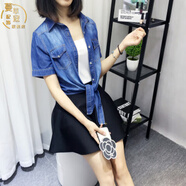 蔓草寇夏季新款牛仔襯衫女大碼小坎肩防曬衣短袖系帶打結襯衣披肩女外套 短袖深藍色 S(90斤以下)