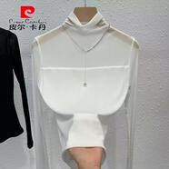 皮爾卡丹（pierre cardin）小半高領(lǐng)網(wǎng)紗黑色打底衫女士高端長(cháng)袖T恤2025新款薄款上衣感 白色 2XL :100-110斤