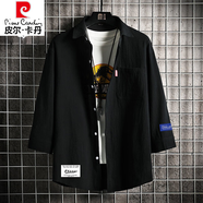 皮爾卡丹（pierre cardin）黑色亞麻薄款襯衫男夏季外套潮流大碼痞帥襯衣胖子七分袖上衣針織 黑色 5XL