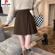 皮爾卡丹（pierre cardin）秋冬毛呢a字短裙不規則百褶新款梨形顯瘦大碼mm百褶裙高腰半身裙 咖色 S 80-99斤