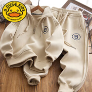 G.duck男童衛衣運動(dòng)套裝2025新款中大童加厚男孩秋冬加絨兒童休閑兩件套 杏色 春秋套裝 170