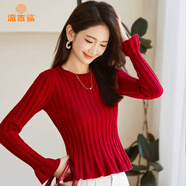 派吉鯊2025春秋新款百搭短款毛衣女荷葉邊圓領(lǐng)通勤長袖純色甜美針織衫女 紅色 打底 S 建議【70-85斤】