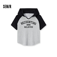 森馬（Semir）短袖T恤女短款連帽拼色插肩袖夏季美式辣妹修身印花上衣復古 灰黑色調00329 M