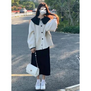 榮西圖（RONGXITU）秋冬韓版套裝女學生寬松溫柔風娃娃領毛呢外套+黑色半身裙 半身裙 單件 S
