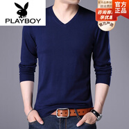 花花公子（PLAYBOY）品牌高端 羊毛針織衫男V領(lǐng)純色韓版毛衣男士雞心領(lǐng)長(zhǎng)袖薄款打底衫 藏青色 L 170/110(120-140斤)