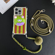 桐汝壁搞怪綠條紋毛絨公仔適用蘋果12手機殼掛繩斜挎可背iphone15promax 四角掛孔皮紋殼-條紋+毛絨公仔 iPhone16