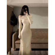 葉余法式氣質(zhì)針織長(cháng)款連衣裙子秋冬露肩一字修身魚(yú) 杏色 S