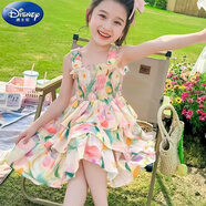 迪士尼（Disney）春款兒童長袖連體衣女童吊帶裙夏季2025新款薄款小女孩漂亮裙子兒 裹胸牛筋七彩蛋糕裙 90 建議身高80cm左右