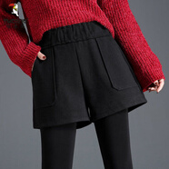 啄木鳥(niǎo)大d碼闊腿短褲女2025秋冬款胖m妹毛呢褲子胖妹妹高腰顯瘦外穿靴 毛呢短褲-大口袋款黑色 S 60-80斤