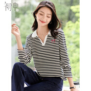初申春秋長(cháng)袖T恤女刺繡休閑百搭撞色條紋小V領(lǐng)POLO衫上衣S143T2011 黑色 L