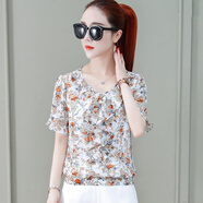 萬(wàn)派摩時(shí)尚T恤女夏季清爽舒適V領(lǐng)荷葉袖印花雪紡上衣T恤 白色 L