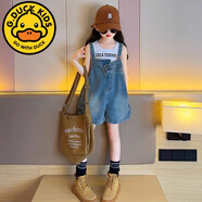 G.duck小黃鴨女童潮酷背帶褲2025夏季韓版女孩洋氣牛仔短褲中大童時(shí)髦休 單件背帶褲 120